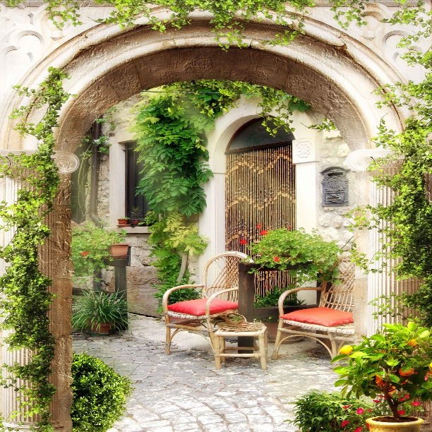 A.Monamour Self-Adhesive Door Wallpaper, 3D Italian Old Street Architecture, Flowers and Garden, Vinyl Wall Mural, 90 x 200 cm
