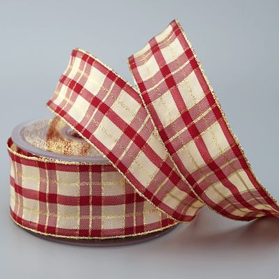 finemark 20 m x 40 mm Plaid Christmas Ribbon, Bordeaux/Cream/Gold (124), Lurex Wired Edge