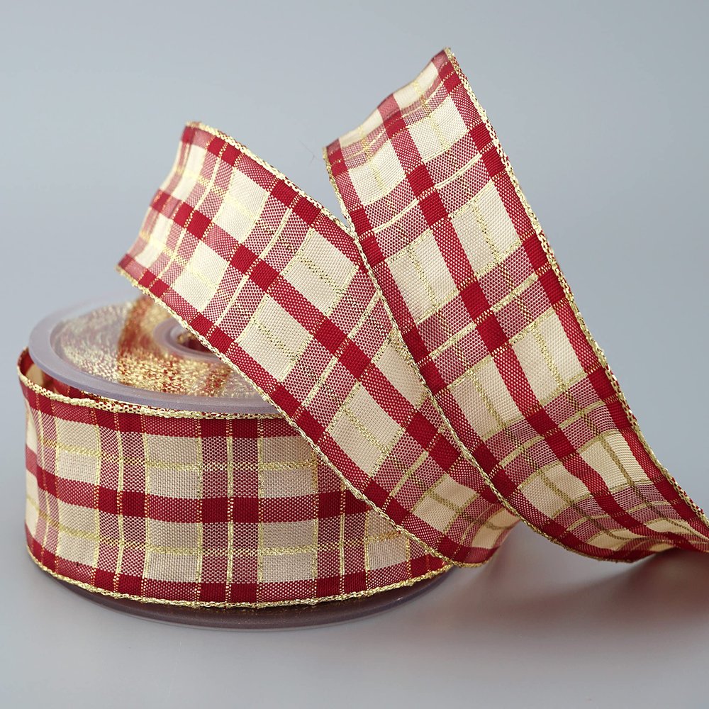 finemark 20 m x 40 mm Plaid Christmas Ribbon, Bordeaux/Cream/Gold (124), Lurex Wired Edge