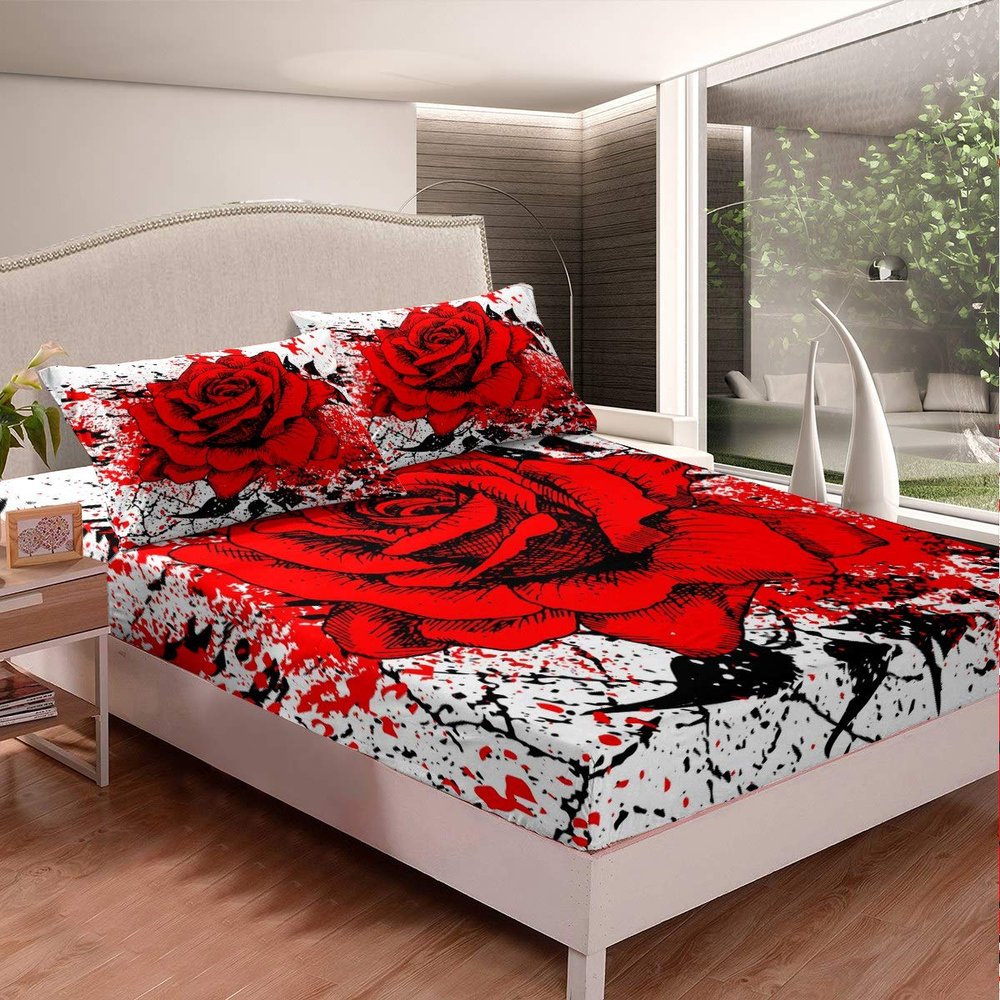 Tbrand Rose Romantic Floral Printed Fitted Sheet Set, Red, 90 x 200 cm