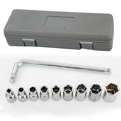 Deep Socket Set, 1/2-Inch Drive, 8–21 mm, Cr-V Steel, 6-Point Metric, with Wrench and Case, 10 Pieces