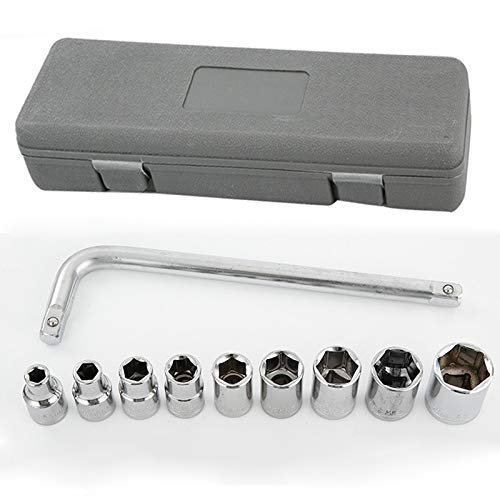 Deep Socket Set, 1/2-Inch Drive, 8–21 mm, Cr-V Steel, 6-Point Metric, with Wrench and Case, 10 Pieces