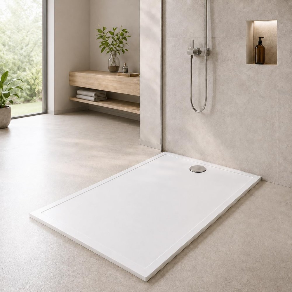 Art-of-Baan Premium Shower Tray with DIN Connection, Drain Assembly, White, 160 x 90 cm