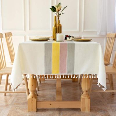Plaid Decorative Cotton and Linen Tablecloth with Tassels