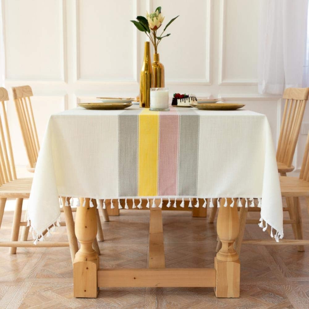 Plaid Decorative Cotton and Linen Tablecloth with Tassels