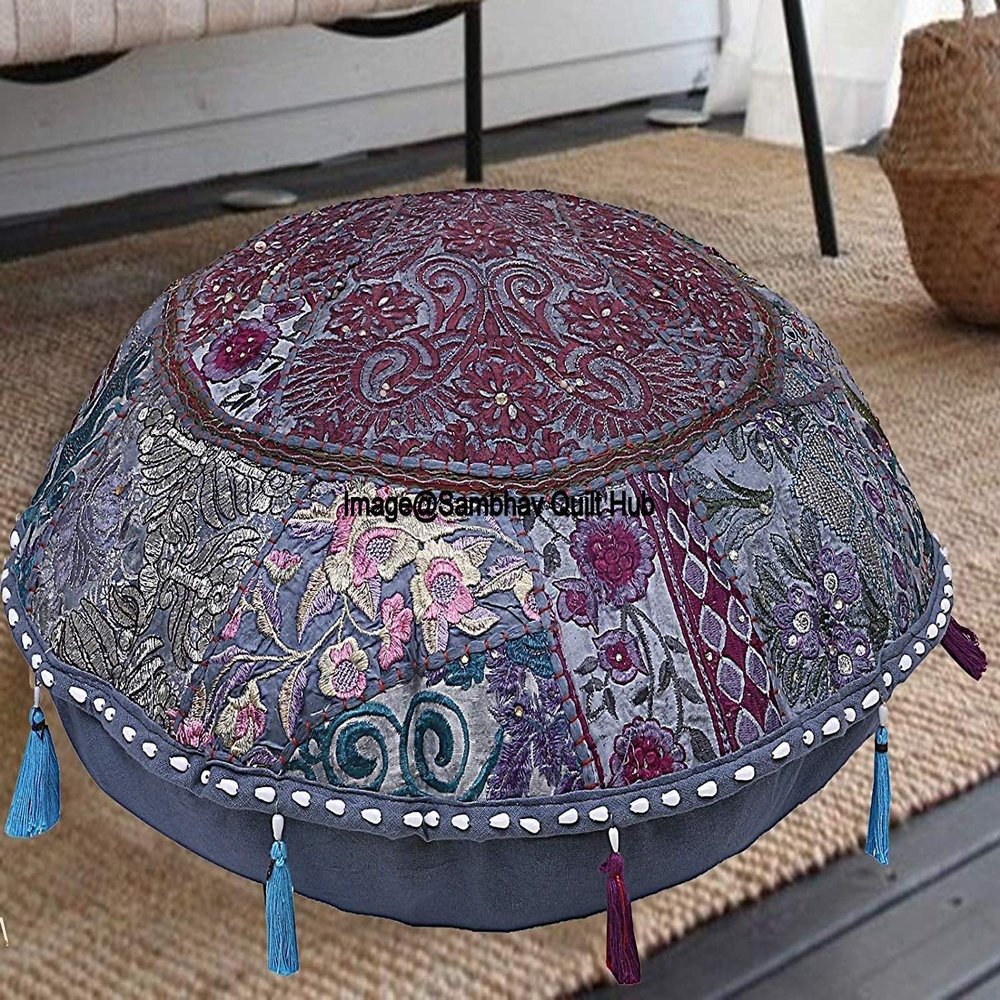 Indian Round Meditation Cushion Cover, Vintage Patchwork, Beige/Gray, 61 cm