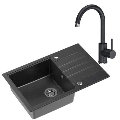 VBChome Black Composite Kitchen Sink with Faucet, 78 x 50 cm