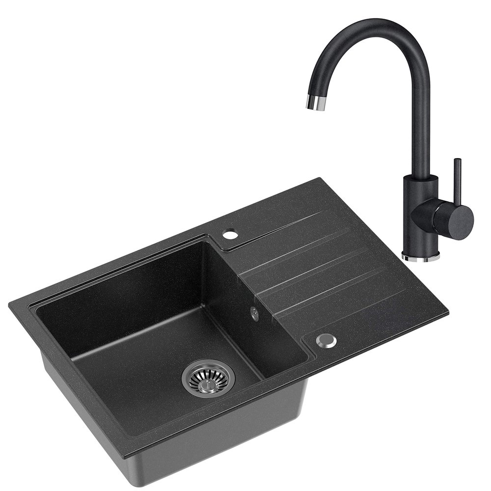 VBChome Black Composite Kitchen Sink with Faucet, 78 x 50 cm
