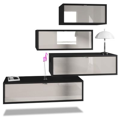 Vladon Lana V3 Wall Unit, 4 Wall-Mounted Cabinets, 10 Compartments, Made in Germany, Matte Black/Sand Gray High-Gloss
