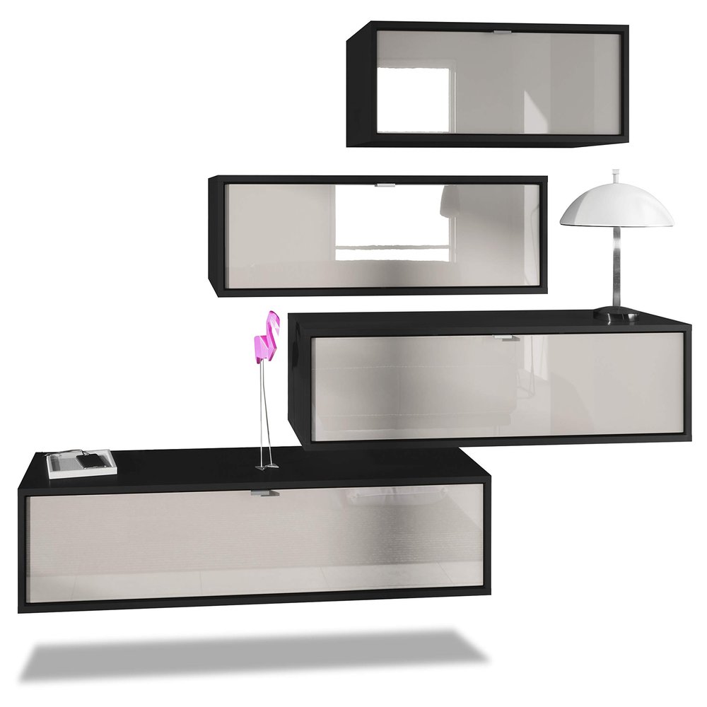 Vladon Lana V3 Wall Unit, 4 Wall-Mounted Cabinets, 10 Compartments, Made in Germany, Matte Black/Sand Gray High-Gloss