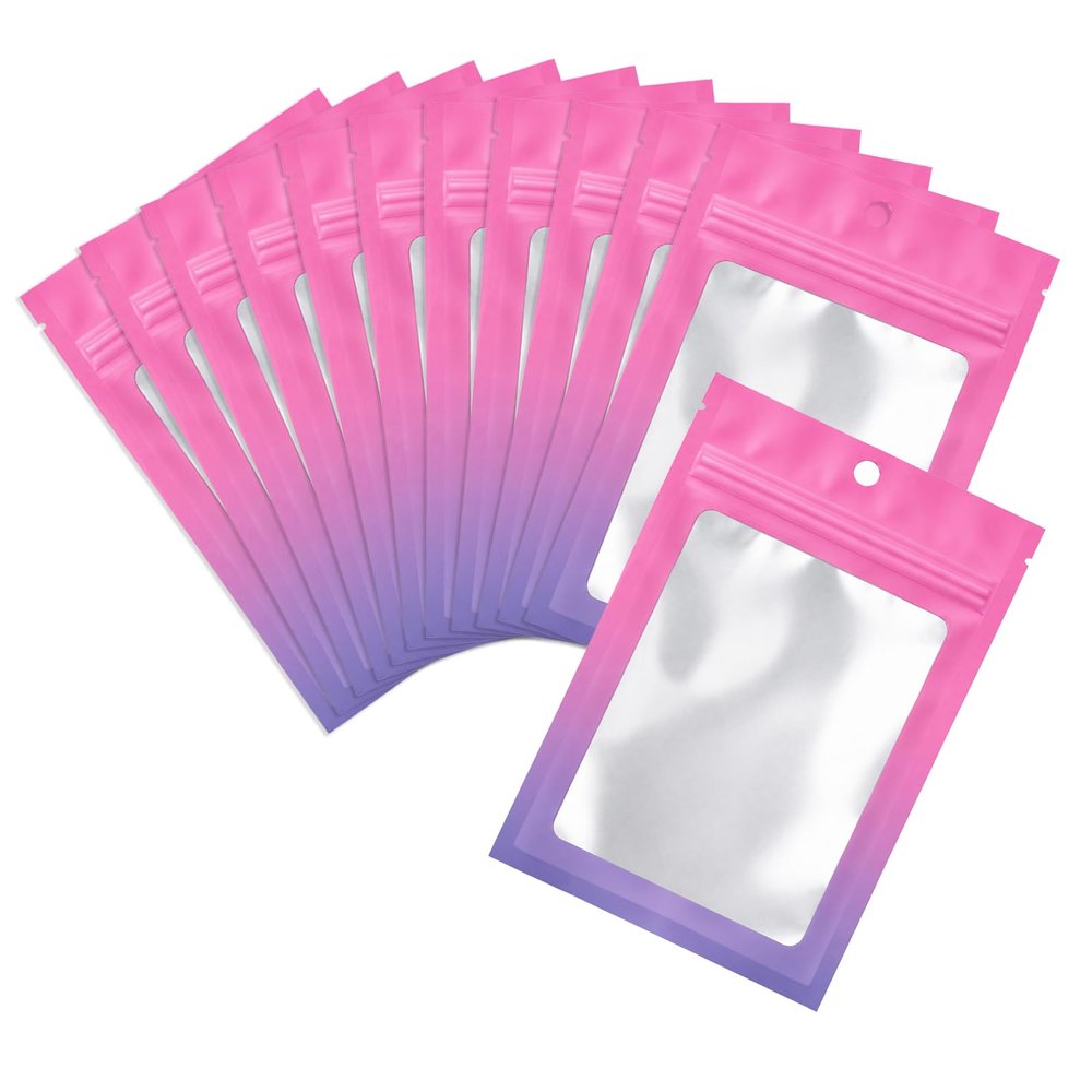 100 Resealable Mylar Zip Bags for Food, Gradient Purple, Transparent Window, 15 x 21 cm