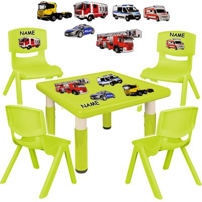 alles-meine.de GmbH Children's Table and Chair Set, Table + 4 Chairs, Adjustable, Light Green Firefighter and Police Car Design, Personalized Name