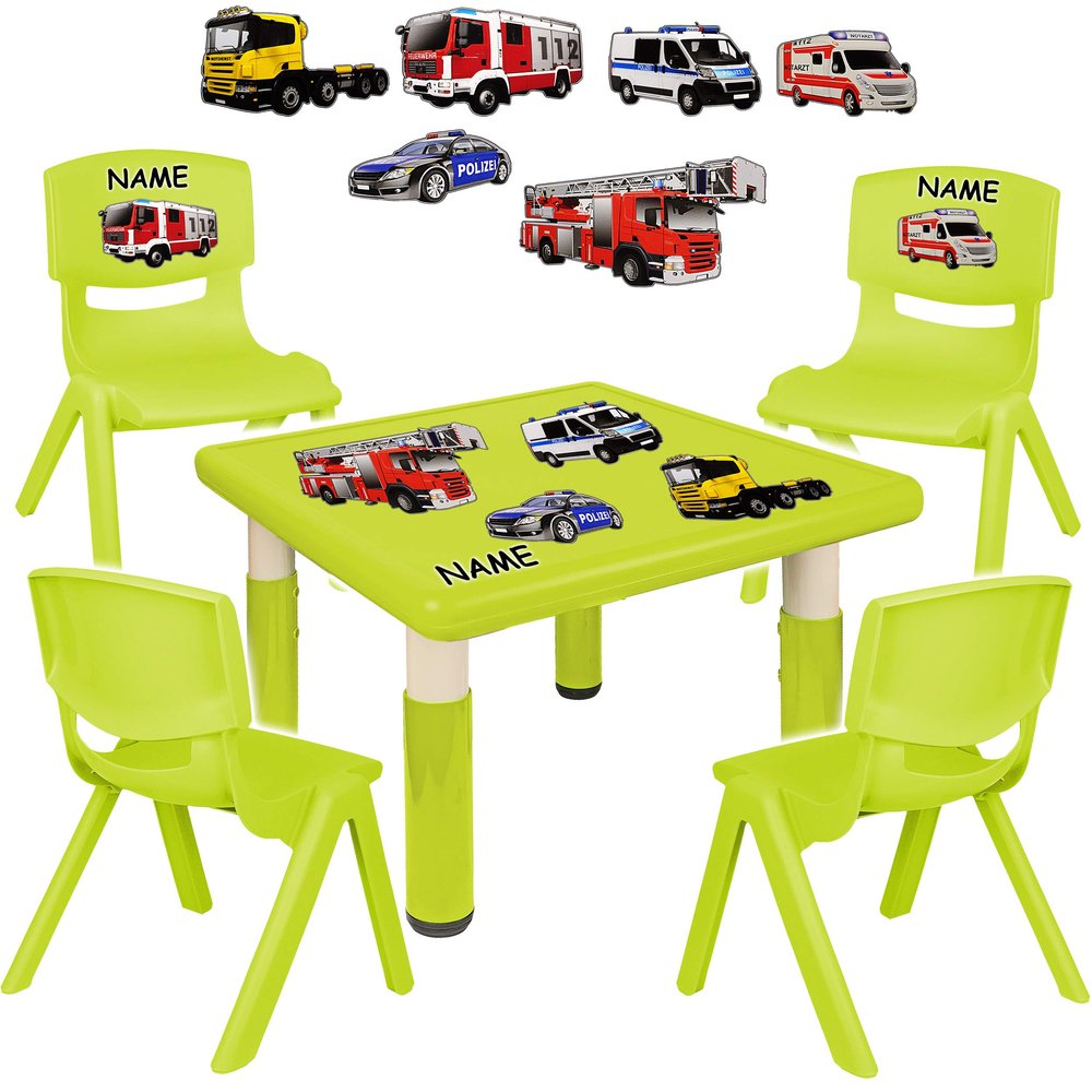 alles-meine.de GmbH Children's Table and Chair Set, Table + 4 Chairs, Adjustable, Light Green Firefighter and Police Car Design, Personalized Name