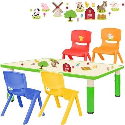 Children’s Table and Chair Set, Farm Animals, Green, Height-Adjustable