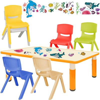 Children’s Table and Chair Set, 7-Piece, Orange with Fish & Dolphin Motifs