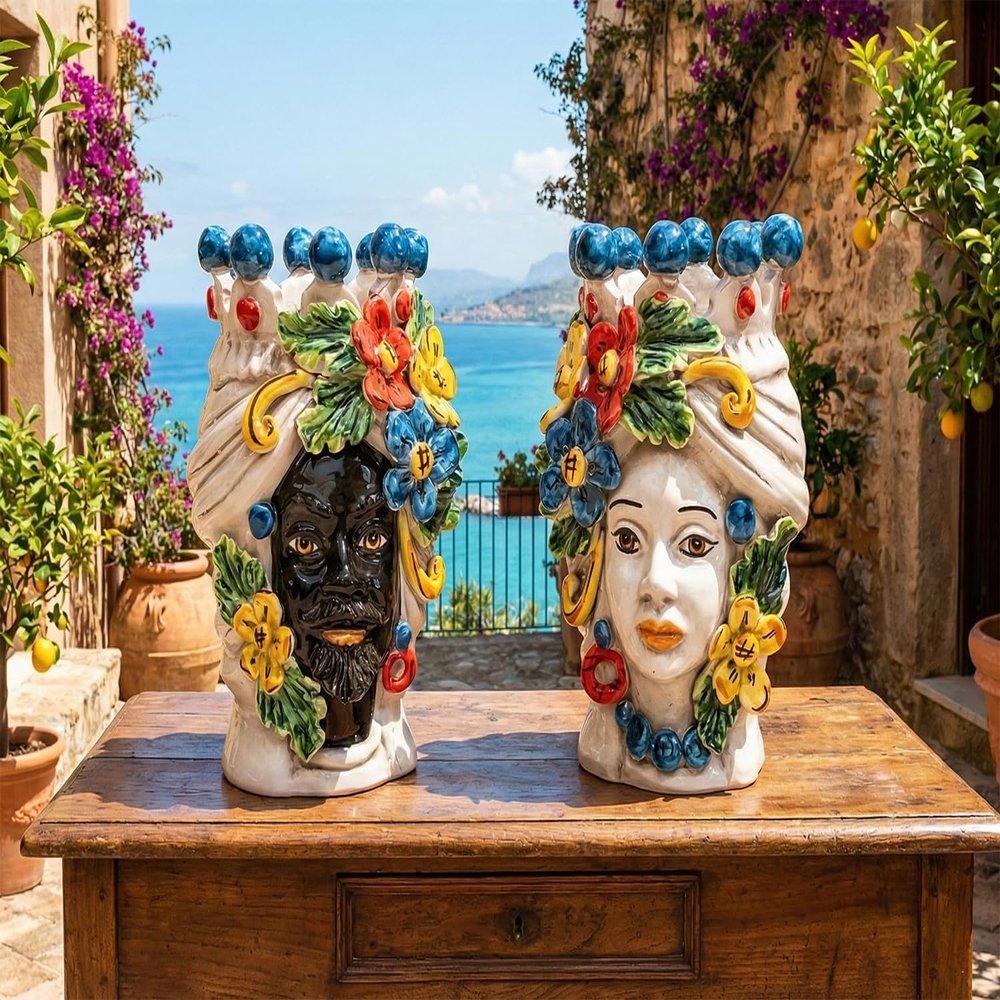 ILAB Set of 2 Sicilian Ceramic Blackberry Heads, 20 cm, Flower Model, Wall-Mounted, Brown