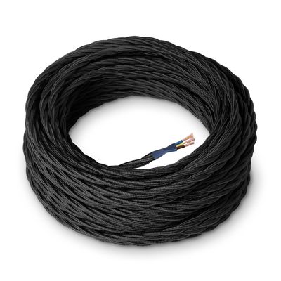 Amarcords Black Braided Silk Fabric Lamp Cord, 10 m, Grounded 3 x 0.75 mm²