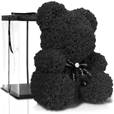 ROSE BEAR with Gift Box – Various Sizes and Colors – Made from Everlasting Roses in Full Color – Gift for Him or Her for an Anniversary, Birthday, Mother’s Day, or Wedding Anniversary (40 cm, Black with Bow)