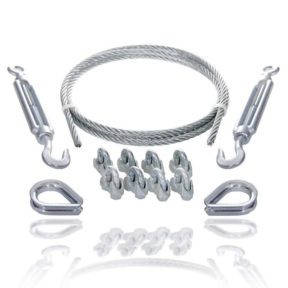 Drahtseile24 Wire Rope Set with 8 Cable Clamps, 2 Thimbles and 2 Turnbuckles | Wire Rope Tensioning | 4 mm | 1 m