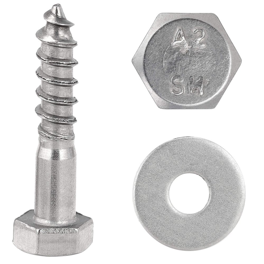 FASTON M8 x 35 mm Hex-Head Wood Screws with Large Washers, A2 Stainless Steel, 20-Pack