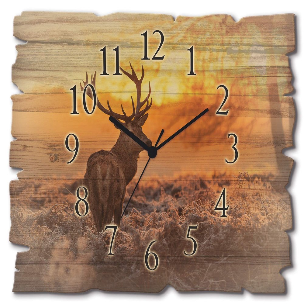 ARTLAND Silent Radio-Controlled Wooden Wall Clock, Landscape with Deer, 40 x 30 cm, Rectangular