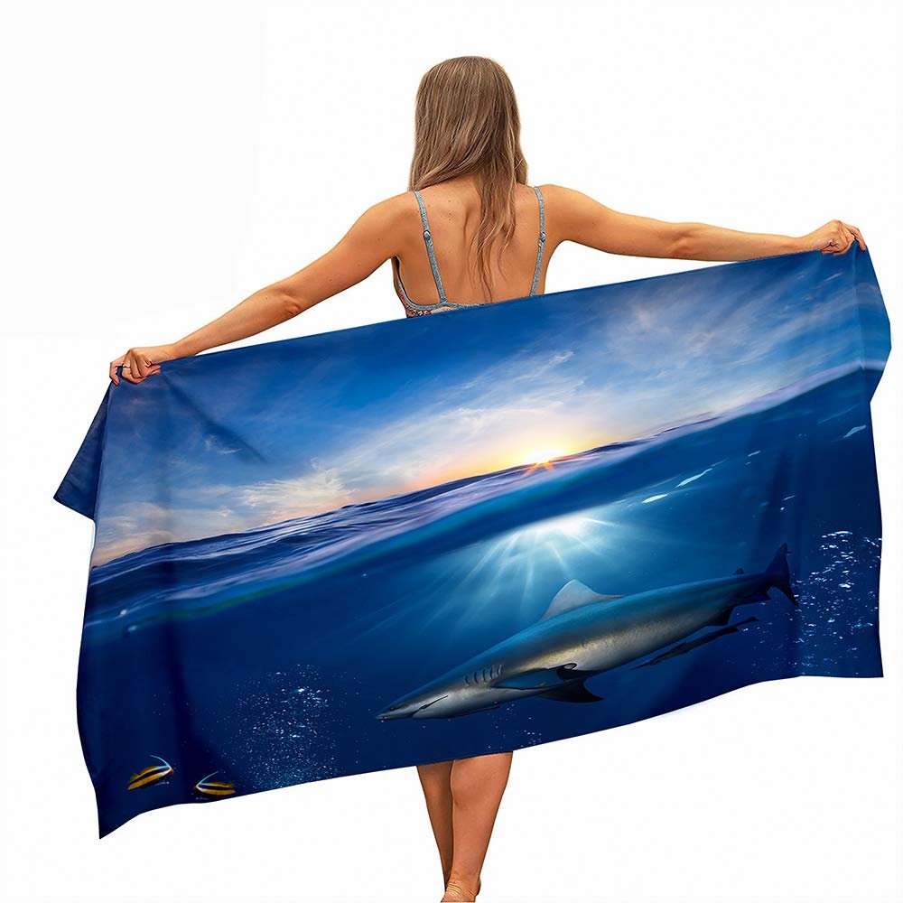 Surwin Microfiber Beach Towel with Shark Print, Quick-Dry, Sand-Resistant, Ocean, 70 x 150 cm