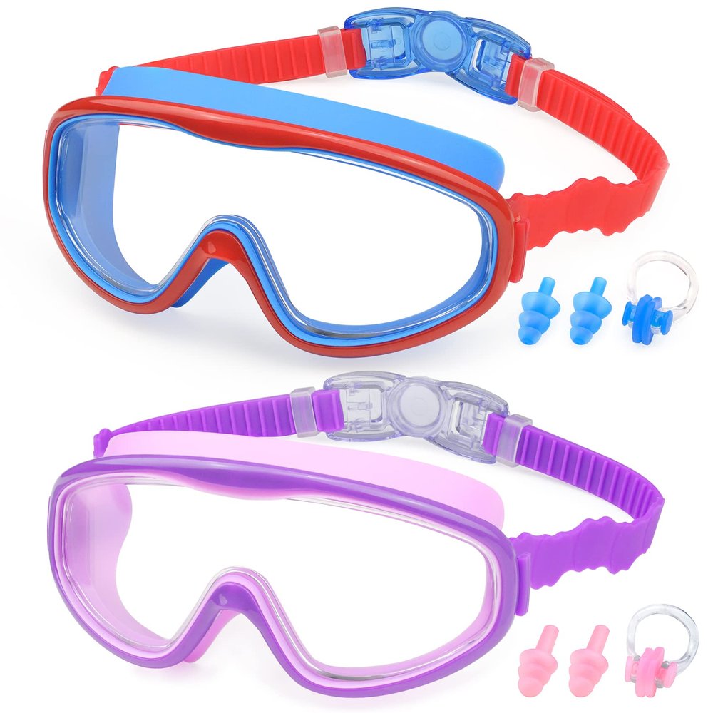 KAILIMENG Kids Swimming Goggles, Clear Wide View, Leakproof, Anti-Fog, UV Protection, with Nose Clips and Earplugs, Red/Blue