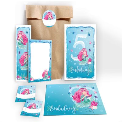 JuNa-Experten 6 Mermaid Invitations for a 5th Birthday, with Envelopes, Favor Bags, Stickers, Bookmarks and Notepads
