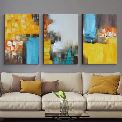 Abstract Yellow and Blue Canvas Wall Art, 40 x 50 cm, Set of 3, Unframed