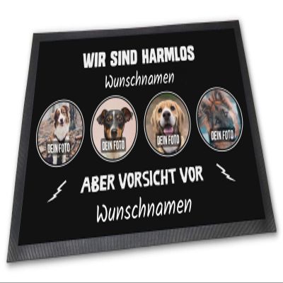 PfotenSchild Customizable Doormat – “We’re Harmless, But Beware of...” with Photos and Names for Four Pets, Plus Custom Text – 90 x 60 cm