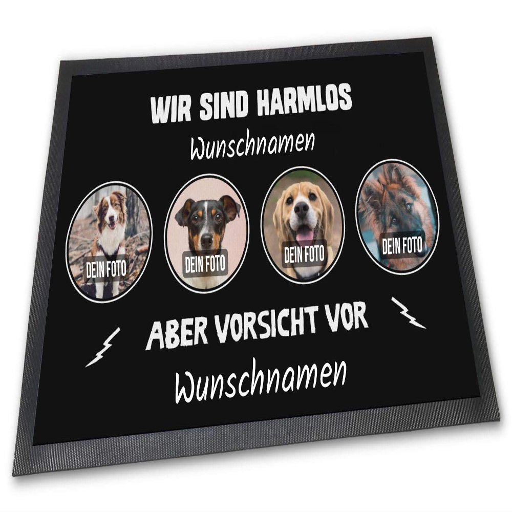 PfotenSchild Customizable Doormat – “We’re Harmless, But Beware of...” with Photos and Names for Four Pets, Plus Custom Text – 90 x 60 cm