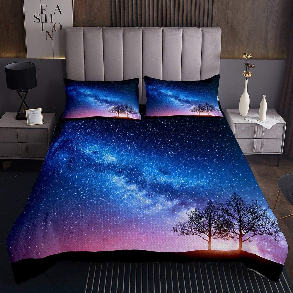 Richhome Purple Tree Forest Stars Quilted Bedspread Set