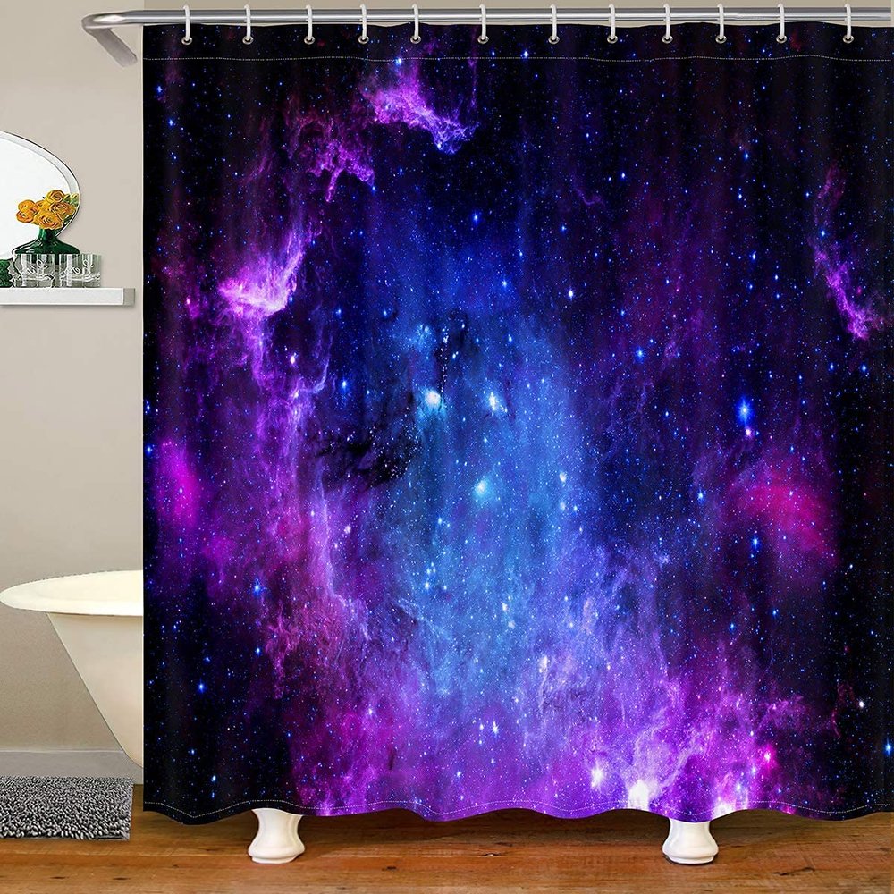 Homewish Galaxy Shower Curtain with Hooks, Blue/Purple, 180 x 180 cm