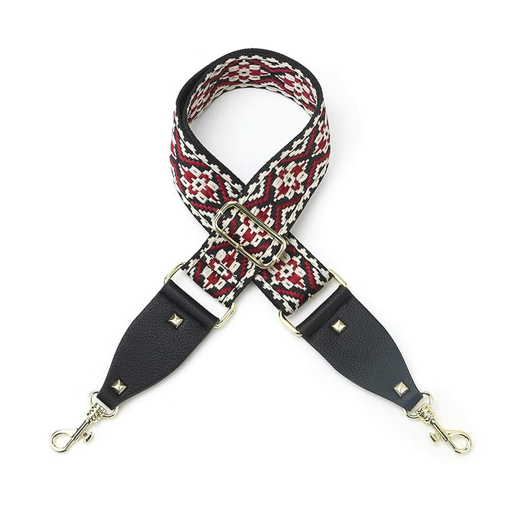 Chillpaper Handbag and Purse Strap, Embroidered Floral Pattern, Black Leather, Adjustable
