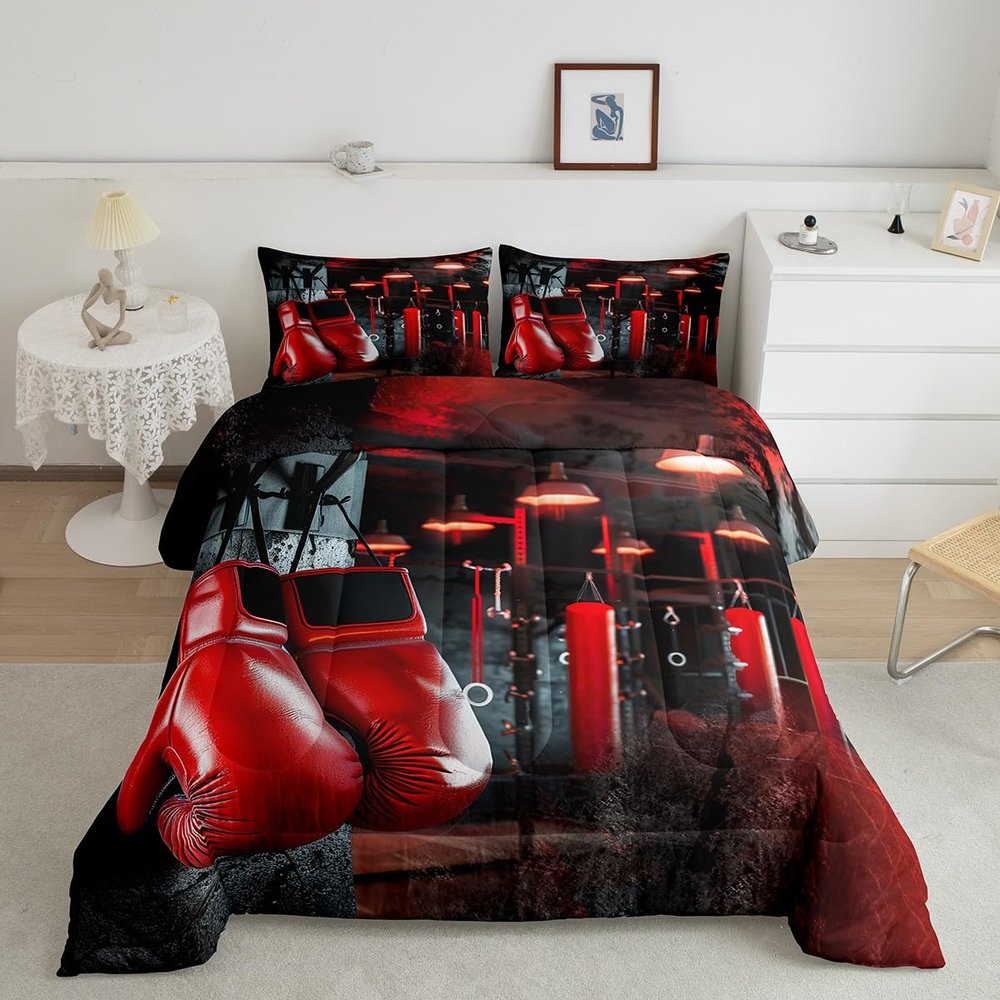 Feelyou Boxing-Themed Comforter Set, Red Boxing Gloves, 3-Piece