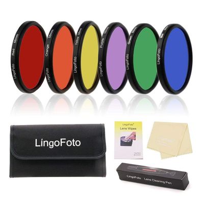 LingoFoto 6-Piece Round Full-Color Lens Filter Set, Red, Orange, Yellow, Green, Blue, Purple, 6-Pocket Filter Case + 3 Lens-Cleaning Tools (77 mm)