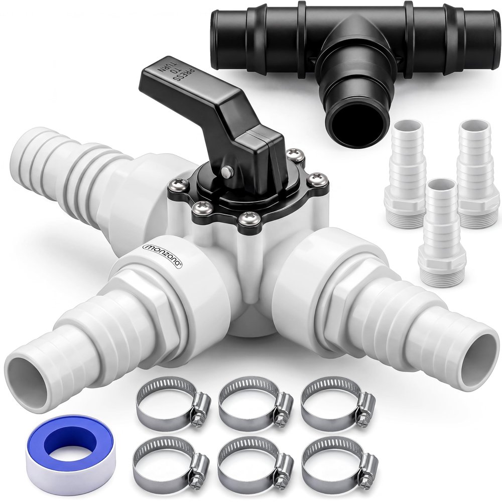 MONZANA 12-Piece Pool Bypass Set with 3-Way Valve, 32/38 mm Hose Clamps, Sand Filter, Pool, Heat Pump and Solar Heating