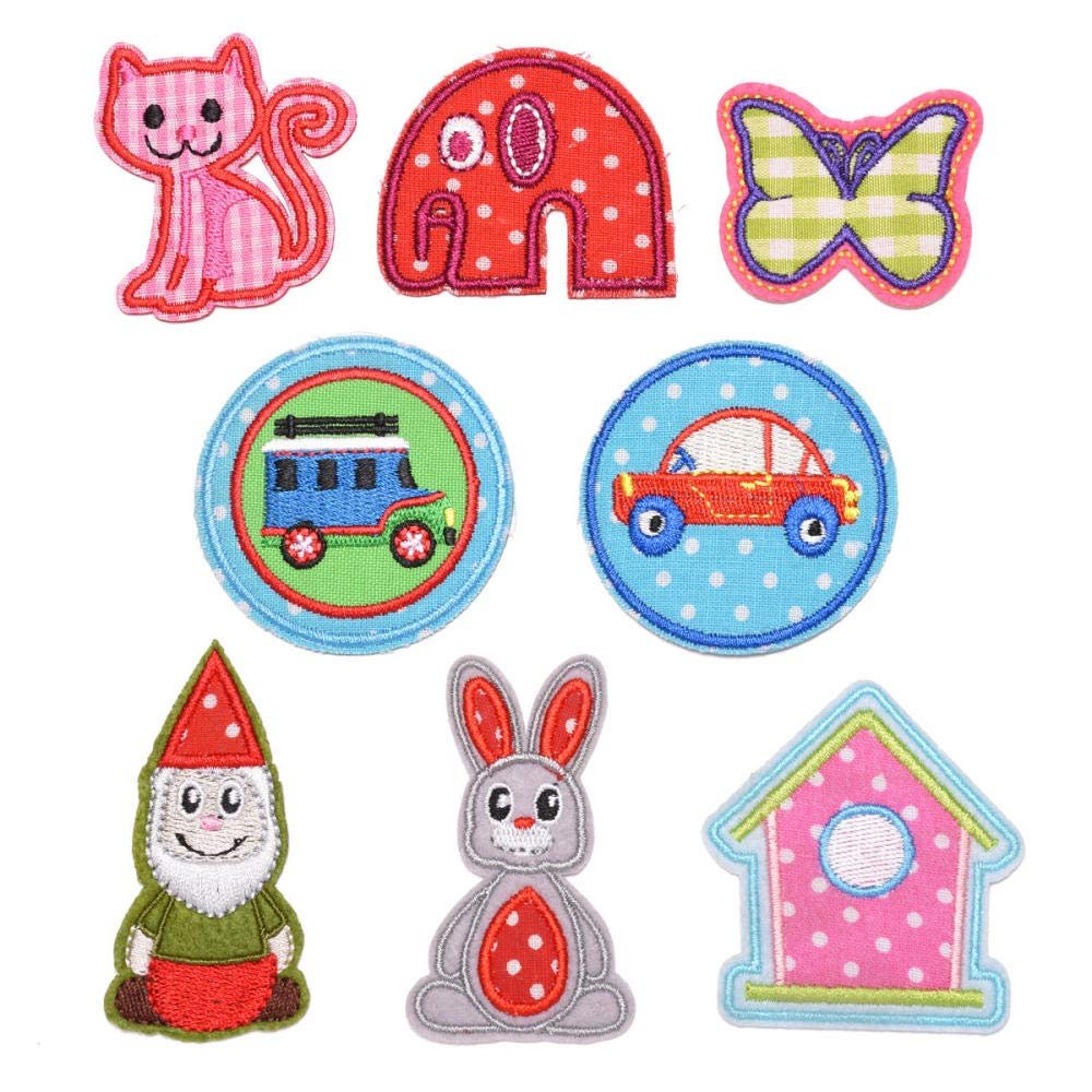 Embroidered Iron-On Patches, 8-Piece Set – Elephant, Cat & Rabbit