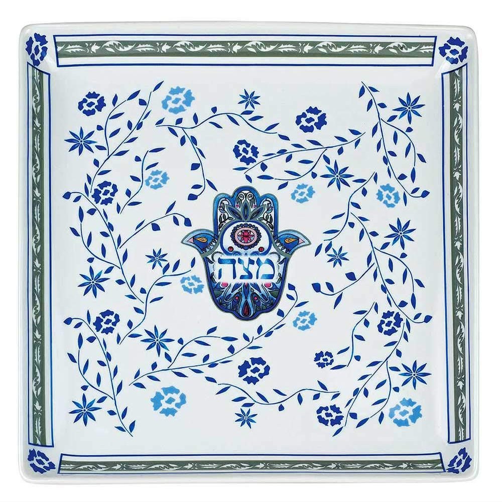 Aviv Judaica Porcelain Passover Seder Square Matzo Plate, 10 in, Hamsa Design by Jessica Sporn