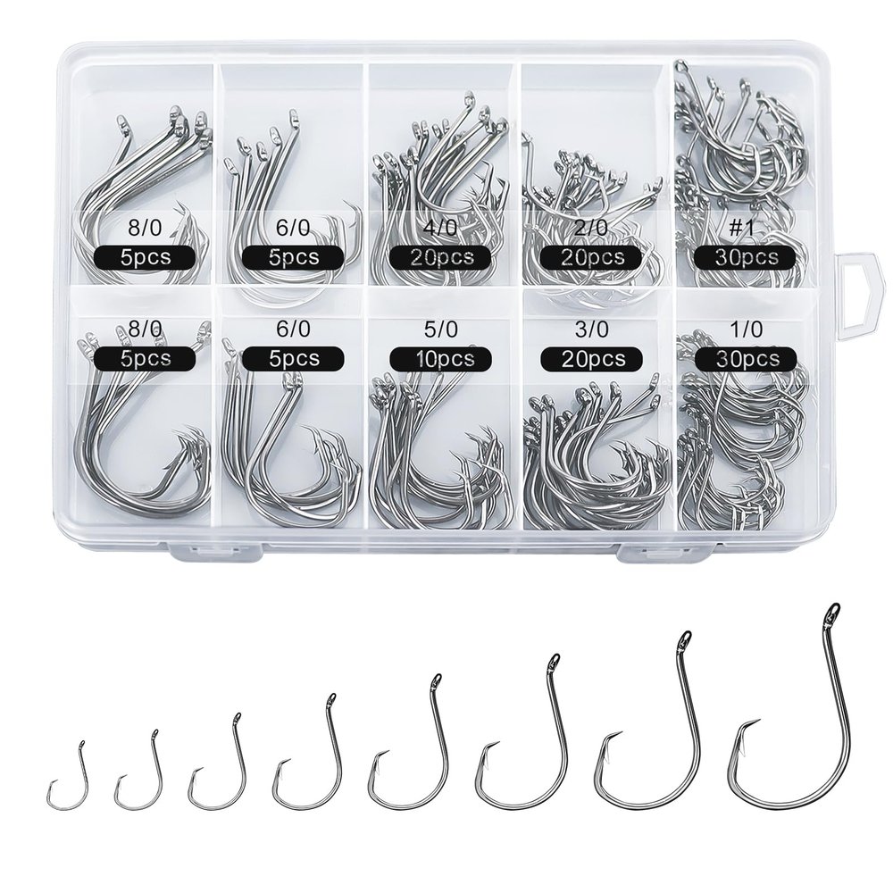 150-Piece Circle Hook Set, Hardened Steel, Freshwater and Saltwater, Sizes #1–8/0