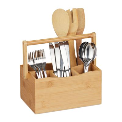 Relaxdays Bamboo Cutlery Holder, 4 Compartments, Handle, Natural, 1 Pc.