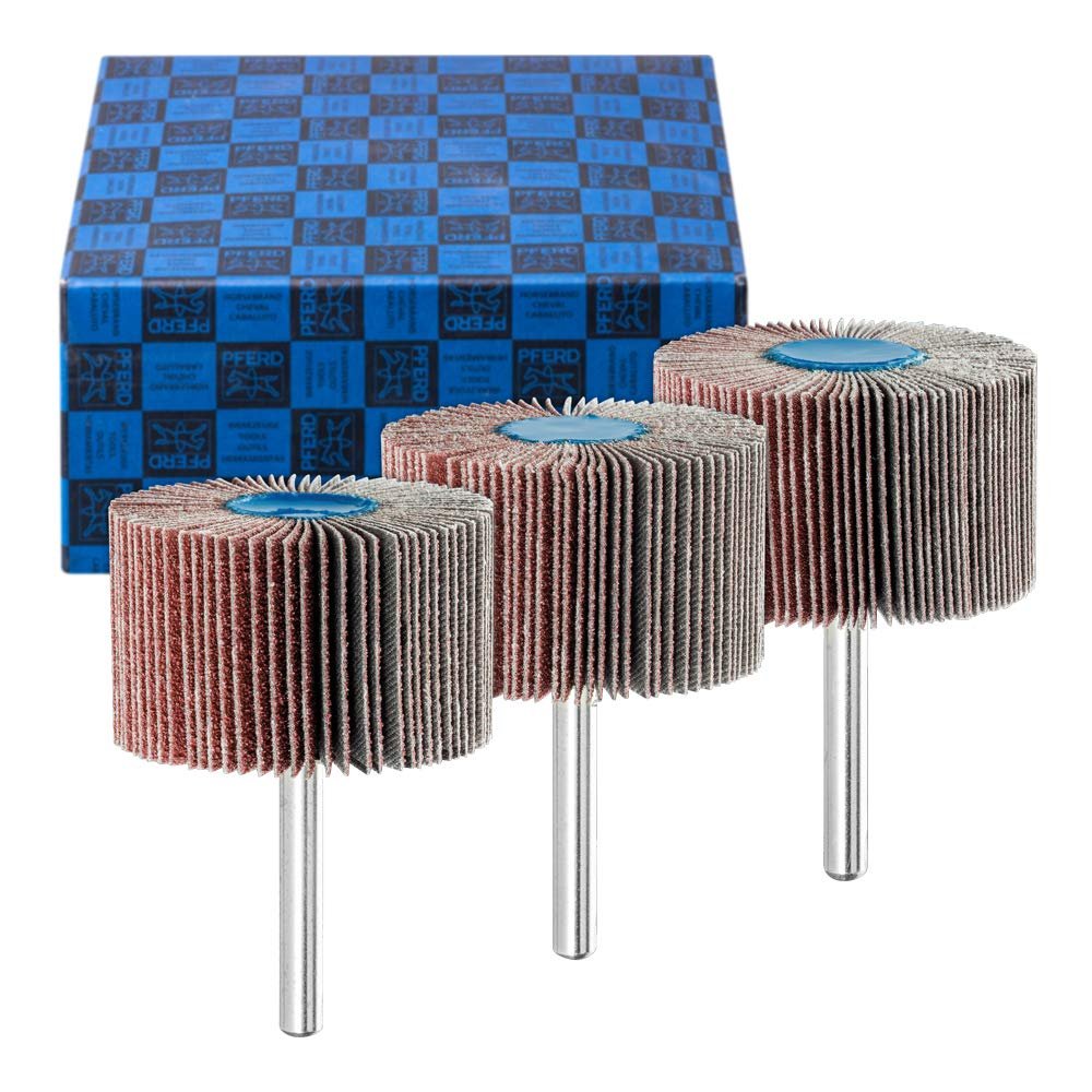 PFERD TOOLS Flap Wheel Set F, 3-Piece, Aluminum Oxide, 50 x 30 mm, 6 mm Shank, A60/A80/A120, for Fine Grinding & Finishing