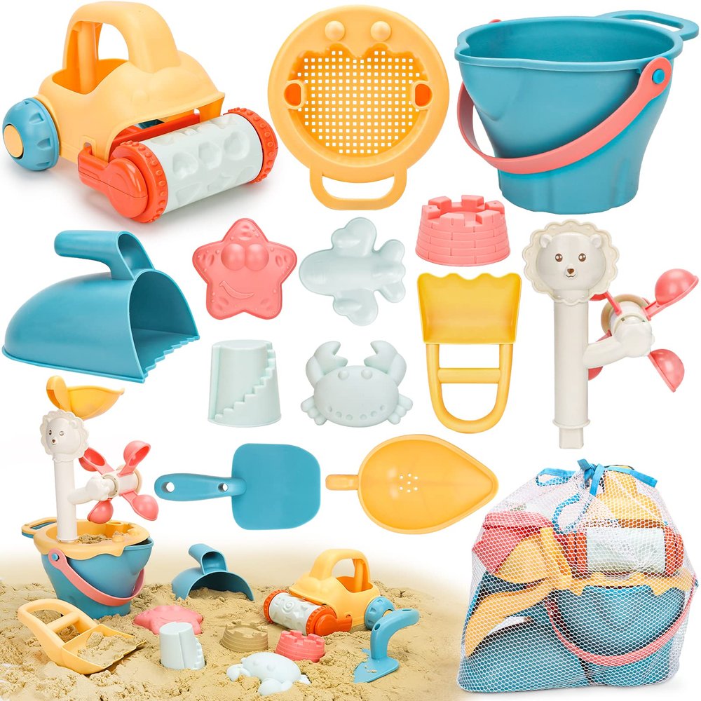 Sanlebi Sand Toy Set for Kids with Bucket, Molds and Mesh Bag