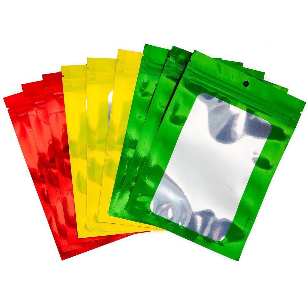 120 Resealable Odor-Proof Mylar Bags, Clear Front Window, 3 x 4 in, Red, Sunshine & Green