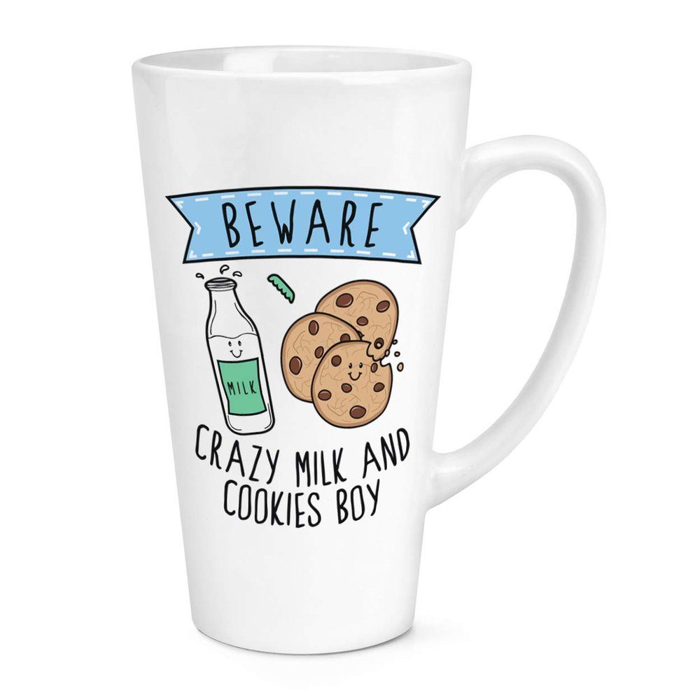 Large Latte Mug with "Beware Crazy Milk and Cookies Boy" Inscription, 483 ml