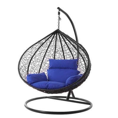 Kideo Complete Set: XXL Hanging Chair with Stand and Cushion, Lounge Furniture, Poly Rattan, Black, Elegant, Large (Cushion: Nest Blue (5900 Admiral))
