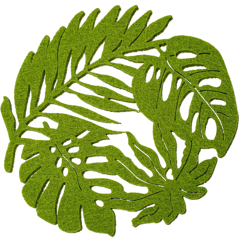 2 Round Felt Coasters, Green Leaf Design, 12 cm