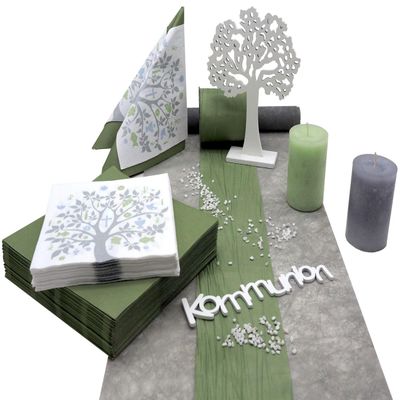 ZauberDeko Communion/Confirmation Table Decor Set for 20, Green, White & Gray Tree of Life