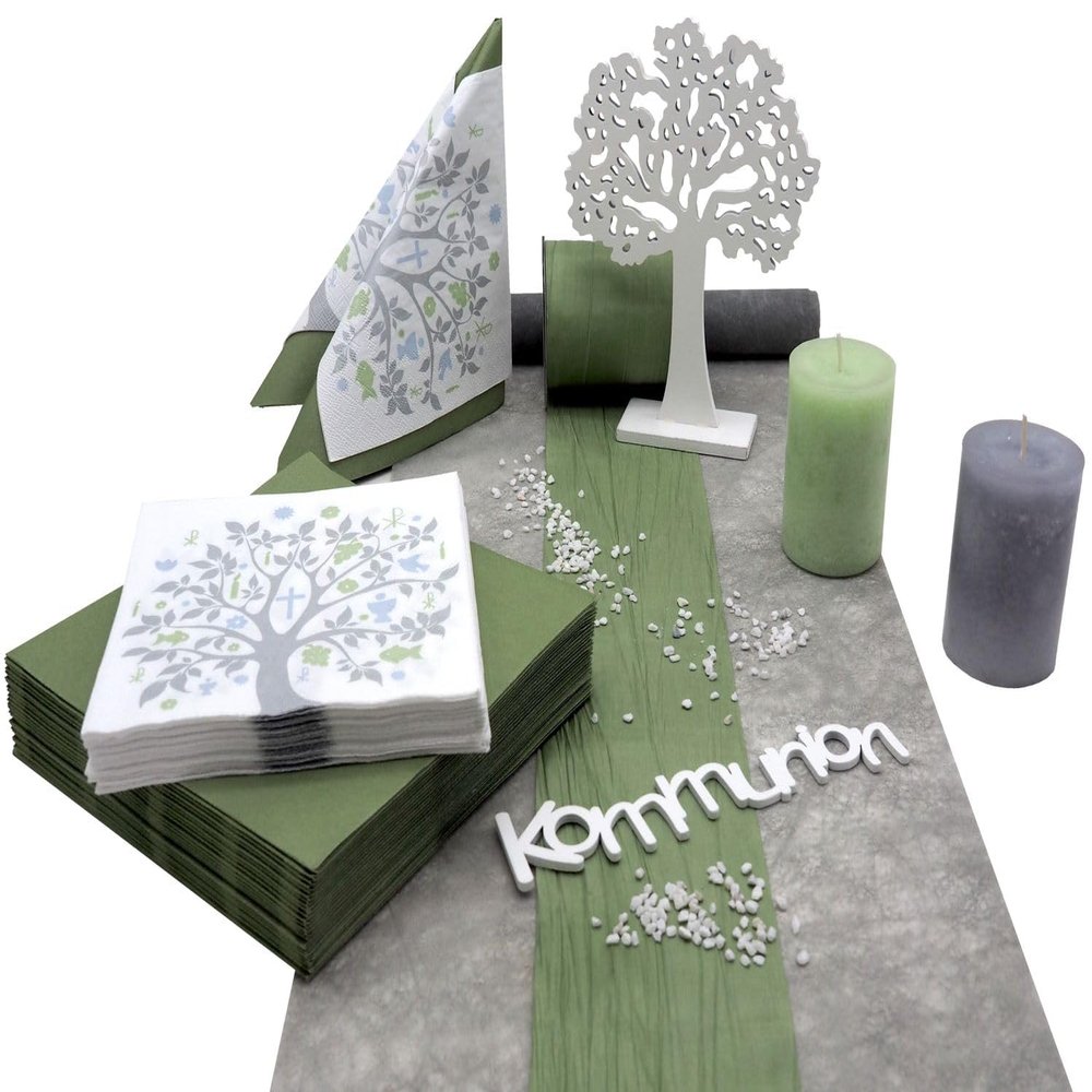 ZauberDeko Communion/Confirmation Table Decor Set for 20, Green, White & Gray Tree of Life