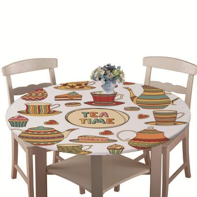 Chickw1 Round Waterproof, Stain-Resistant Tablecloth with Elastic Edge, Coffee Dessert 3D Pattern, 200 cm